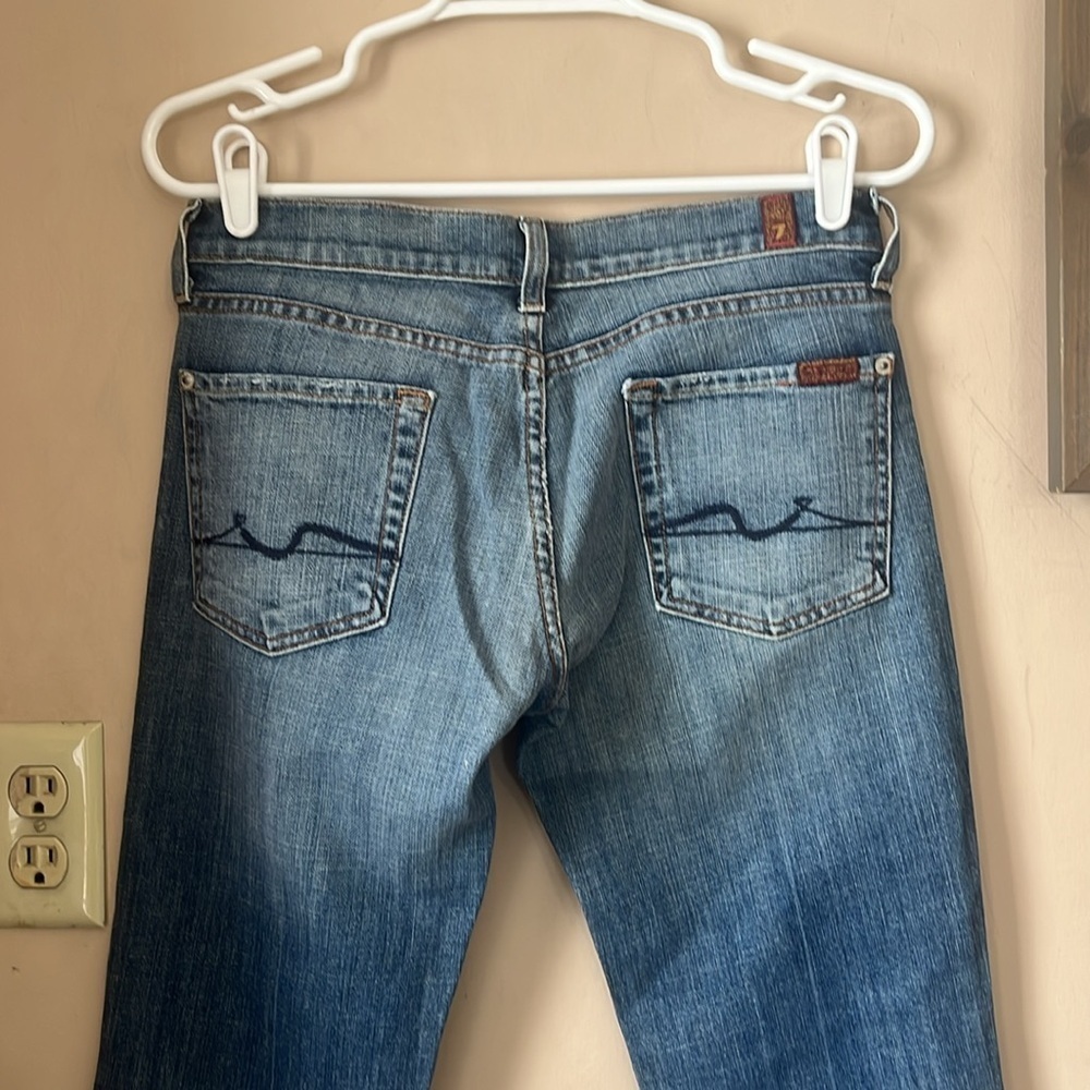7FAM Blue Distressed Denim Lowrise Bootcut Jean Size 27 Y2K - Picture 10 of 10